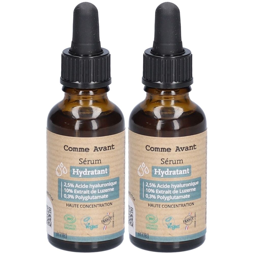 Twee bruine glazen flessen met zwarte pipetten. Labels: "Comme Avant Sérum Hydratant", met ingrediënten.
