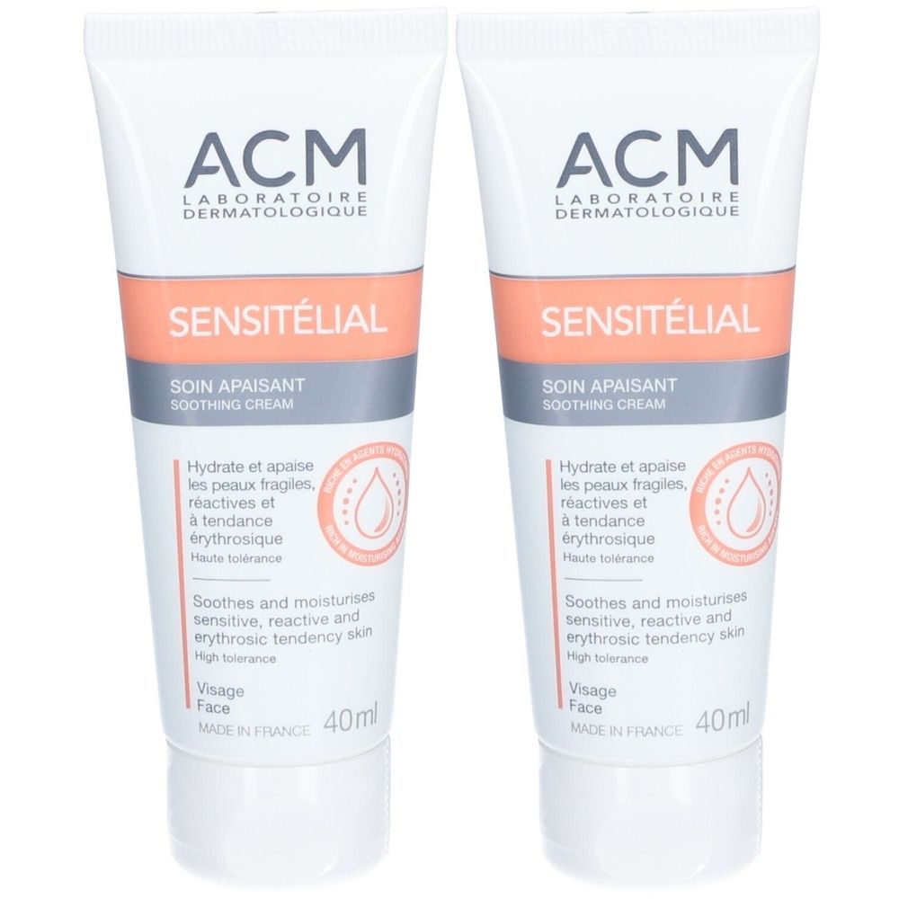 Deux tubes de ACM Sensitélial Soin Apaisant. Tubes blancs avec bande orange et texte. 40ml. Soin visage.