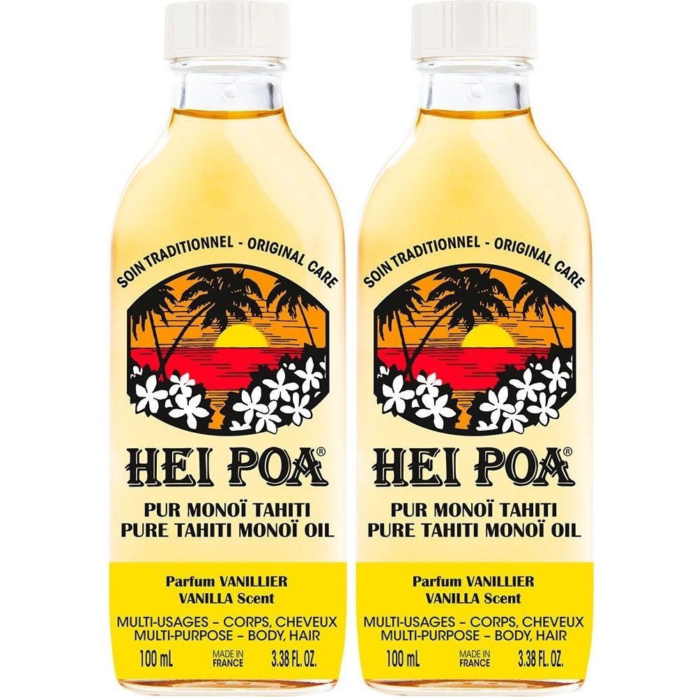 Twee flessen HEI POA Pur Monoï Tahiti olie. Opschrift Parfum Vanillier, Multi-Usages, 100 ml. Witte dop.