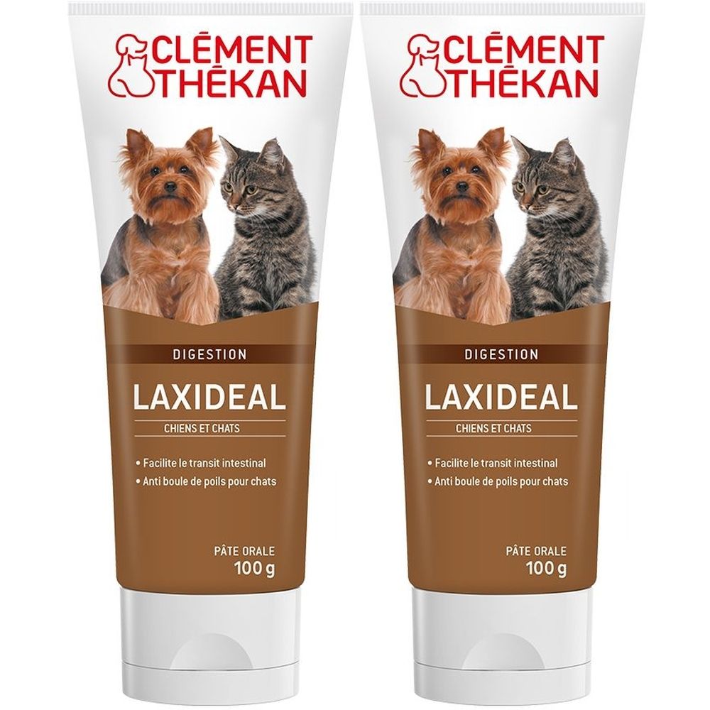 Twee tubes LAXIDEAL voor honden en katten. Afbeelding van hond en kat. Inhoud: 100g.