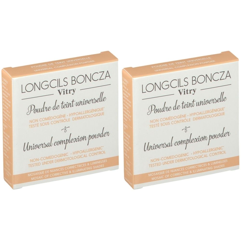 Deux boîtes carrées "Vitry Longcils Boncza Poudre de teint universelle". Design beige et blanc, texte en français.