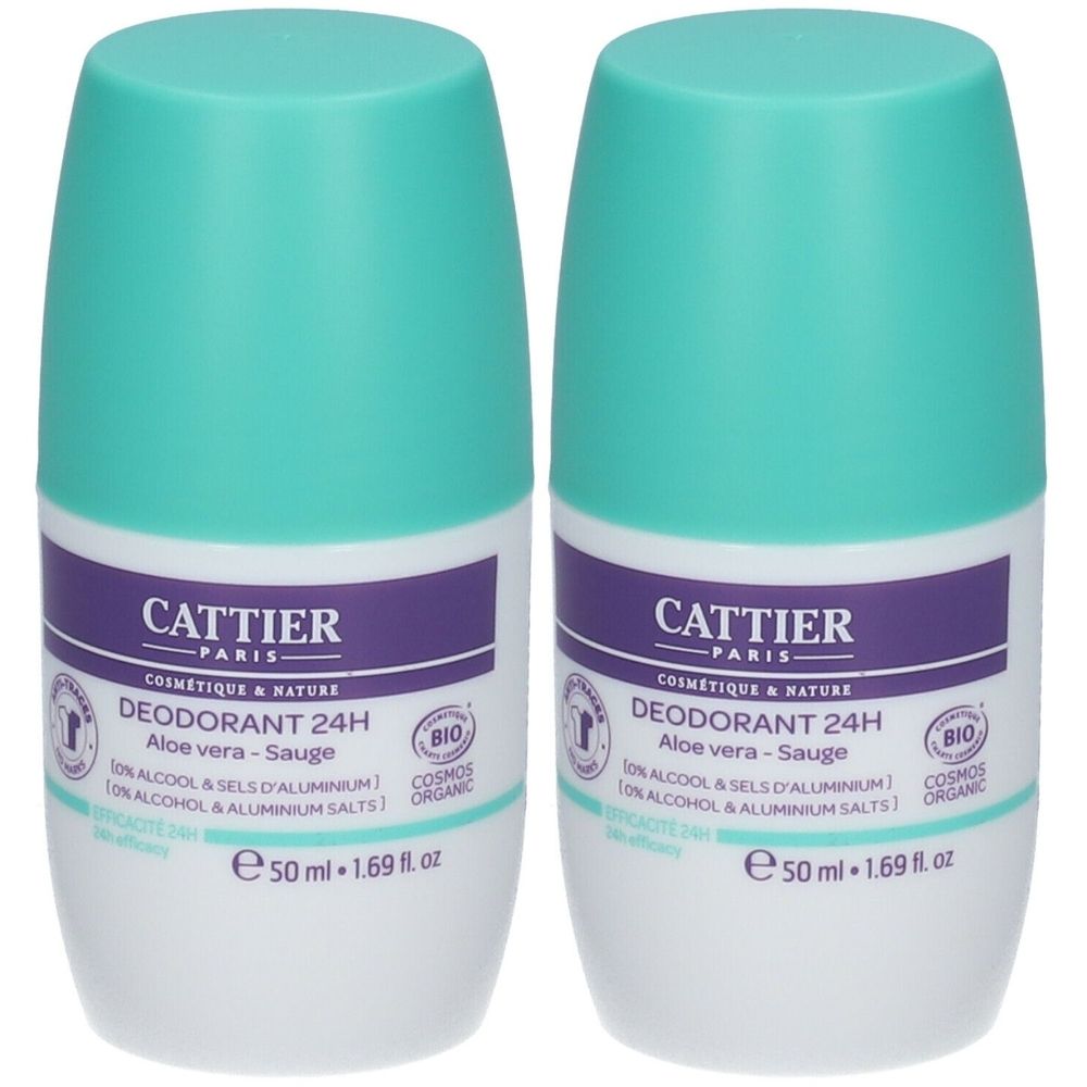 Twee roll-on deodorants met turquoise doppen. Opschrift: CATTIER, DEODORANT 24H, Aloe vera-Sauge, BIO-certificering.