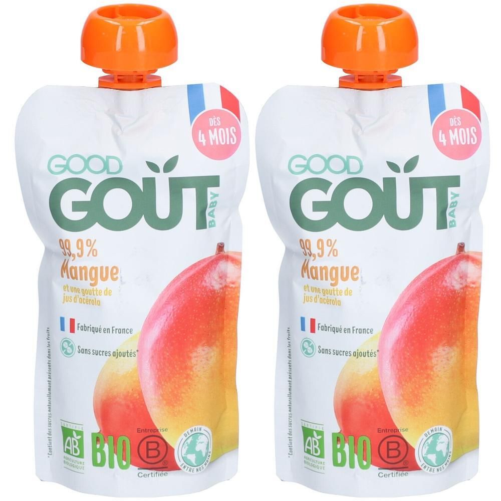 Deux gourdes Good Goût Baby Mangue, bouchon orange. Inscription : 99,9% Mangue, Bio, dès 4 mois. Drapeau français.