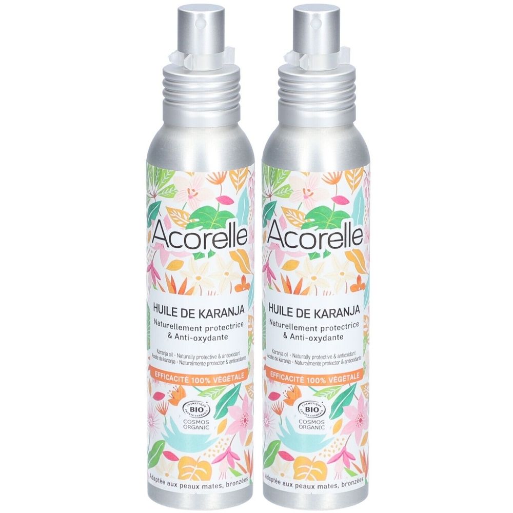 Deux flacons spray Acorelle, motif floral. Inscription: Huile de Karanja, protection naturelle. Certification Bio.