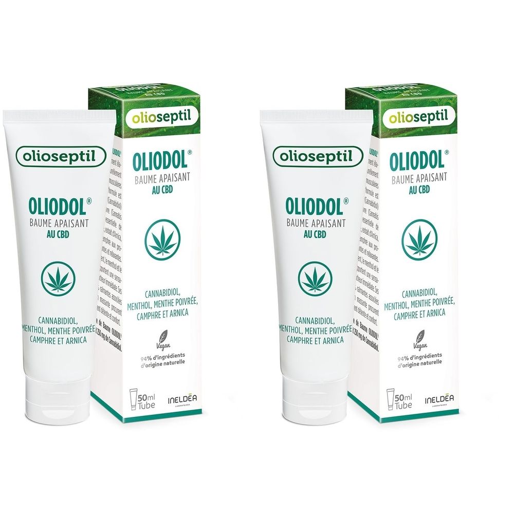 Twee tubes en dozen. Op de tubes en dozen staat "Olioseptil OLIODOL Baume Apaisant au CBD".