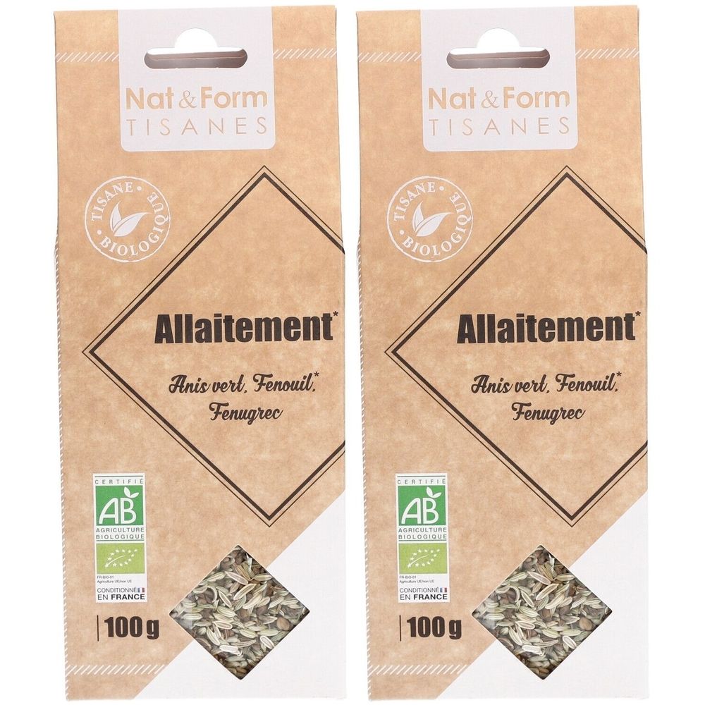 Deux paquets de tisane bio Nat&Form Allaitement à l'anis, fenouil, fenugrec. 100g par paquet.