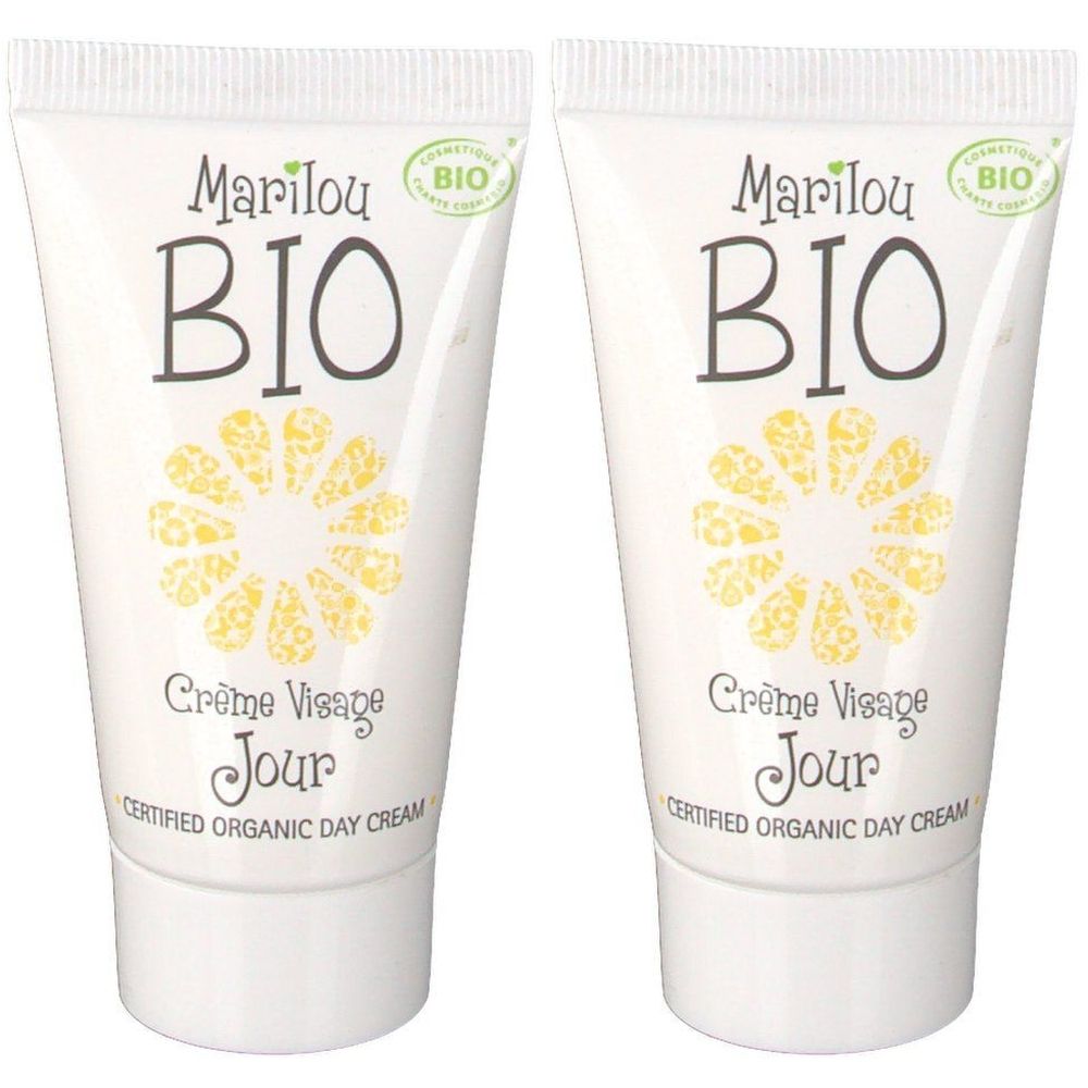 Twee tubes Crème Visage Jour. Opschrift: Marilou Bio, BIO, Crème Visage Jour, CERTIFIED ORGANIC DAY CREAM. Met bio-label.
