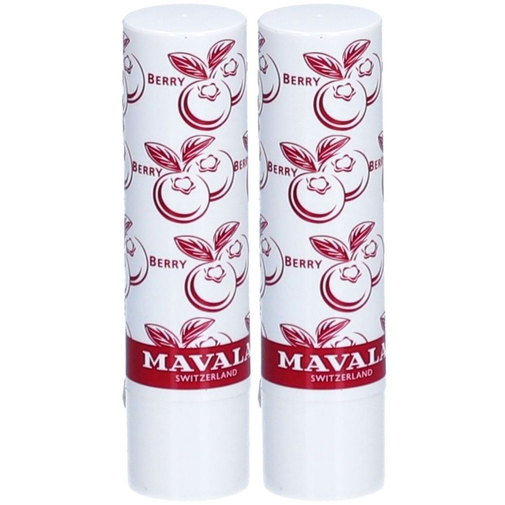 Twee cilindrische lippenbalsemstiften. Wit met rood bessenpatroon en opschrift "BERRY". Merk: MAVALA SWITZERLAND.
