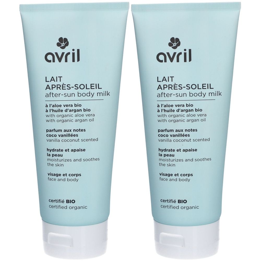 Deux tubes de Lait Après-Soleil Avril. Emballage bleu clair, bouchon blanc. Inscription : Lait Après-Soleil, Certifié BIO.