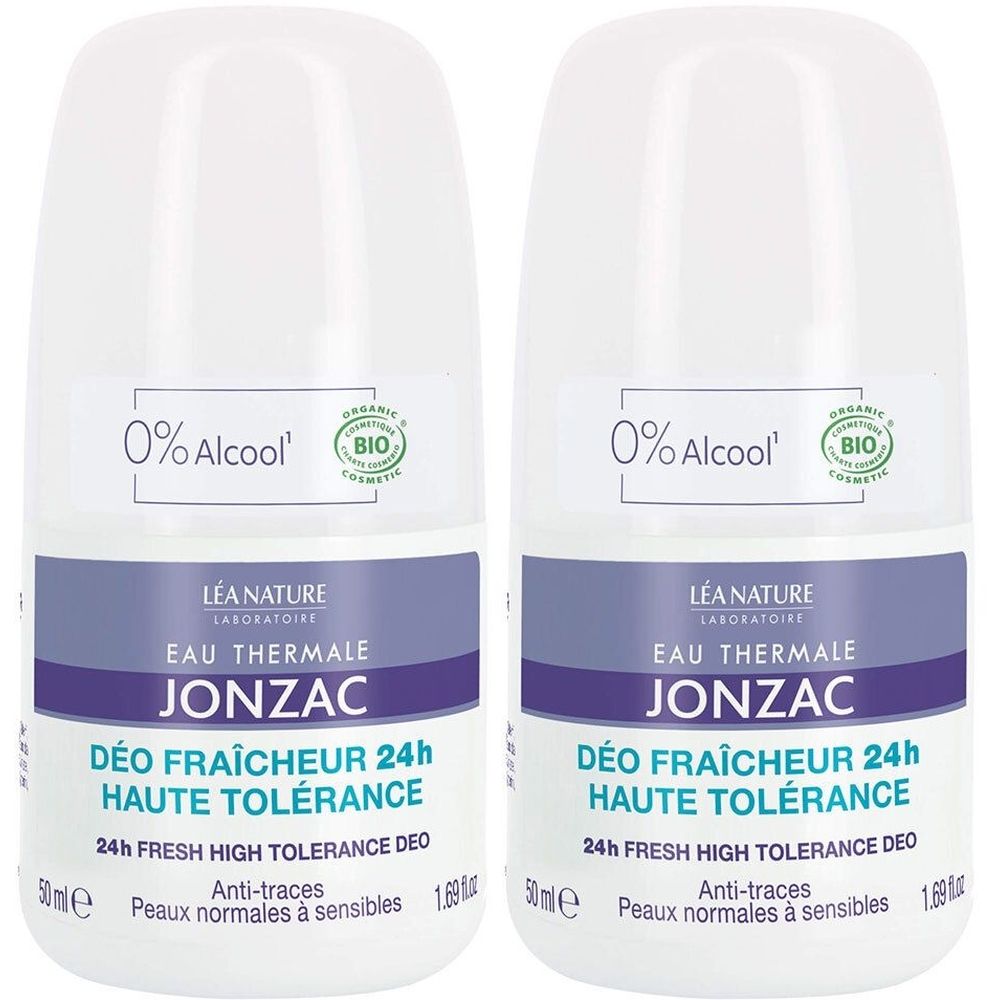 Deux déodorants roll-on blancs avec étiquettes violettes. Texte: 0% Alcool, certification Bio, JONZAC, Déo Fraîcheur 24h Haute Tolérance.