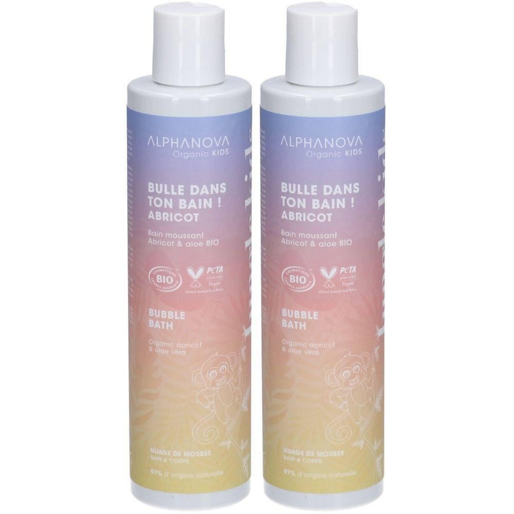 Twee flessen Alphanova Kids Bubble Bath. Opschrift: Bulle dans ton bain! Abricot. Bio-certificering en Vegan-logo.