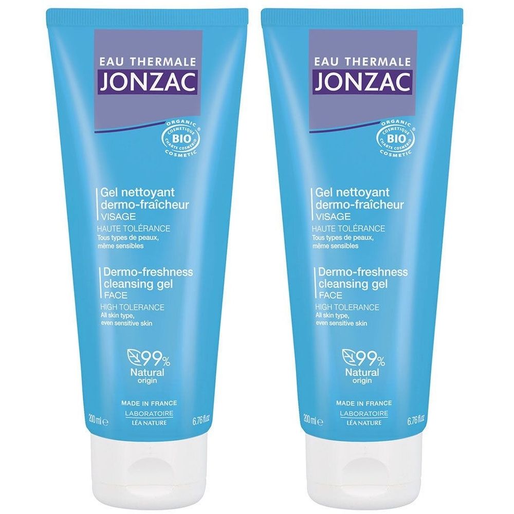Twee blauwe tubes met witte dop. Opschrift: JONZAC, Gel nettoyant dermo-fraîcheur, 99% Natural origin.