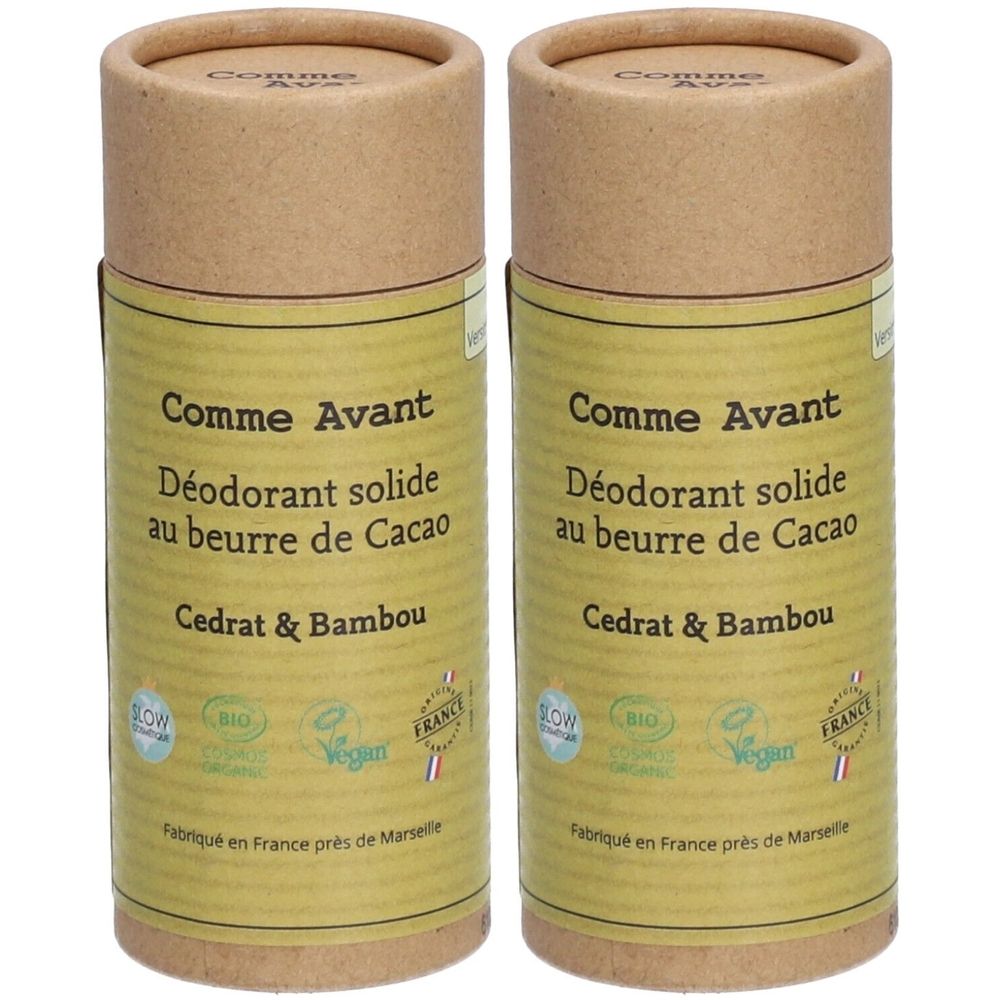 Twee cilindrische verpakkingen van Comme Avant deodorant solide, Cacao, Cedrat & Bambou. Bio en vegan keurmerken.