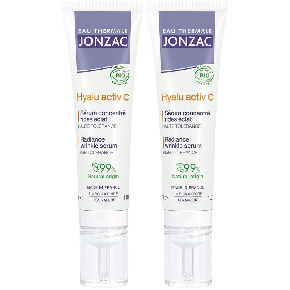 Deux tubes blancs. Inscription "Jonzac", "Hyalu activ C" et "99% Natural origin" sur chaque tube.