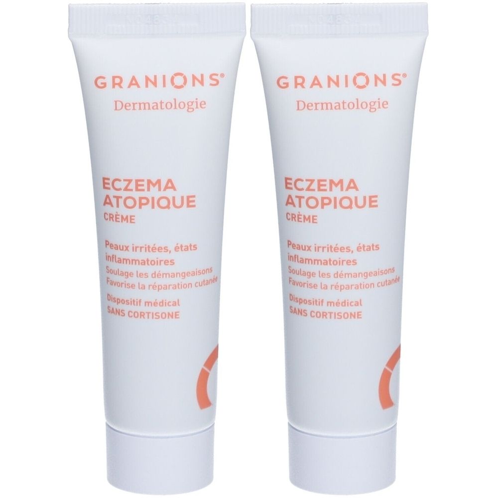 Twee tubes crème. Opschrift: Granions Dermatologie, ECZEMA ATOPIQUE, Crème. Medisch hulpmiddel, zonder cortison.