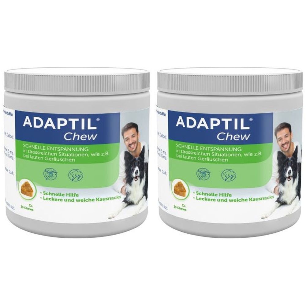 Twee ronde, witte potten met deksels. Op de voorkant staat "ADAPTIL Chew". Afbeelding van een man en een hond. Tekst: Snelle ontspanning.