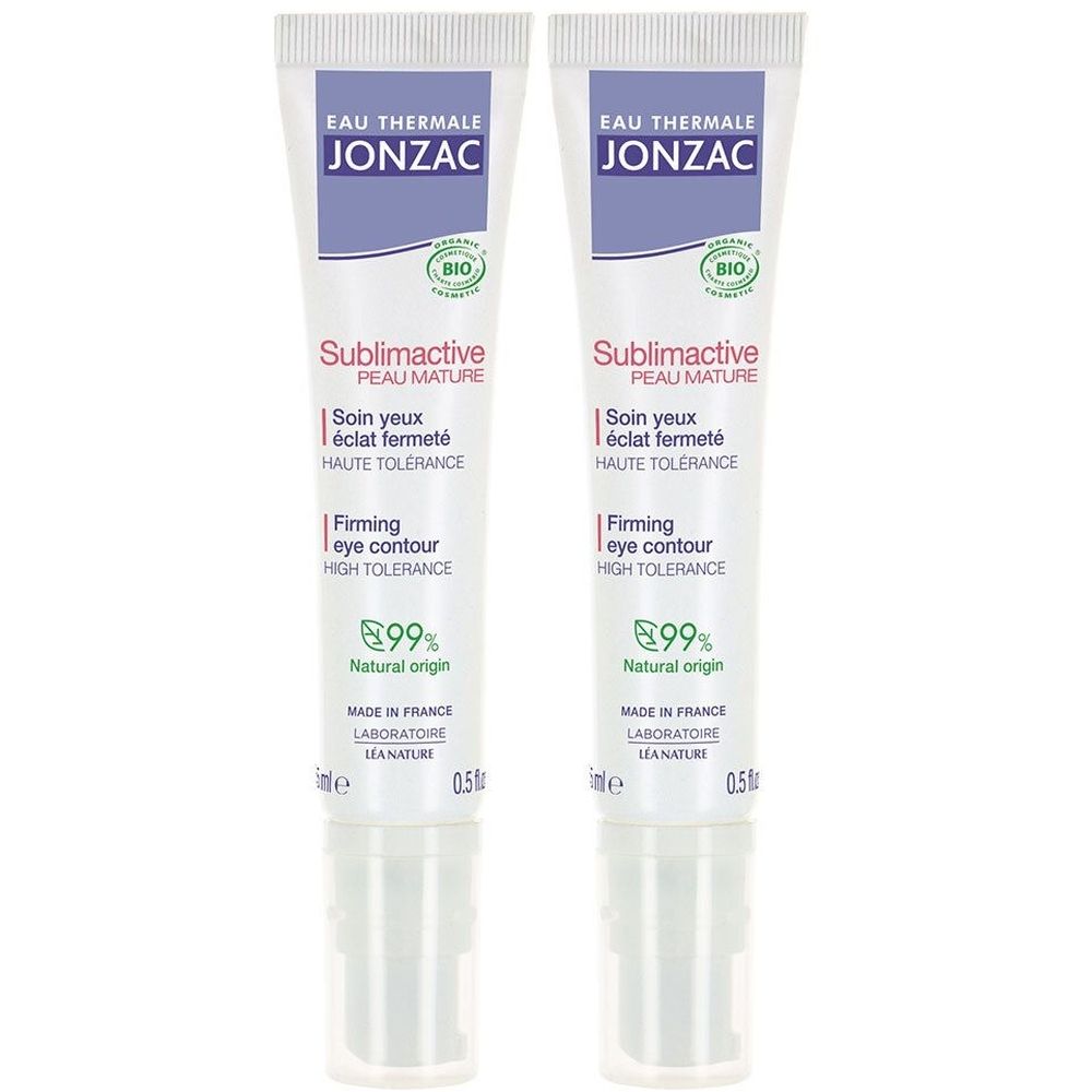 Deux tubes de crème pour les yeux. Inscription: Jonzac, Sublimactive, Peau Mature. 99% d'origine naturelle. Avec label bio.