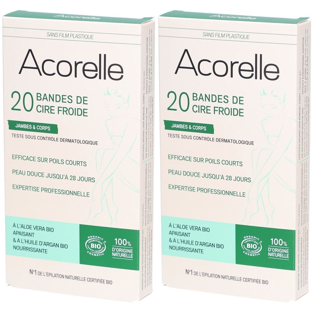 Twee dozen Acorelle koude wasstrips. Bevat 20 strips, voor benen en lichaam. Bio-gecertificeerd.