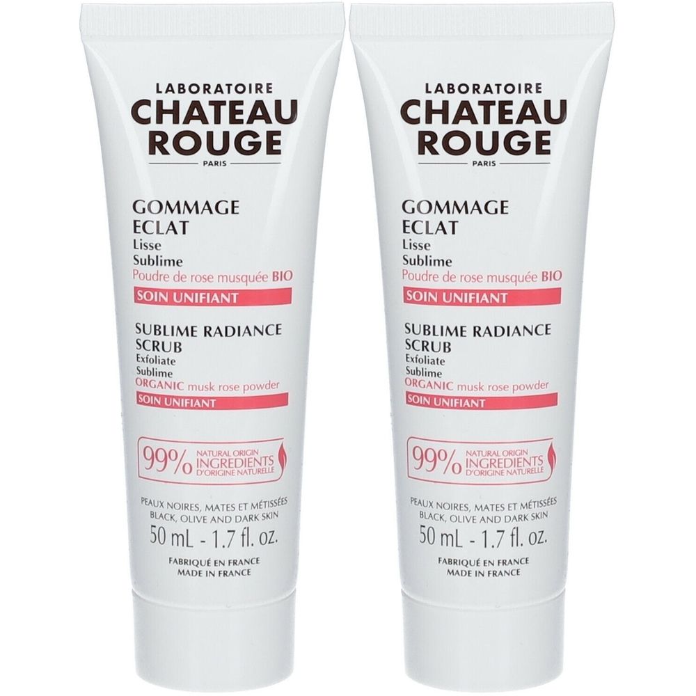 Deux tubes blancs. Inscription: LABORATOIRE CHATEAU ROUGE, Gommage Éclat, Sublime Radiance Scrub. Contenance 50 ml.