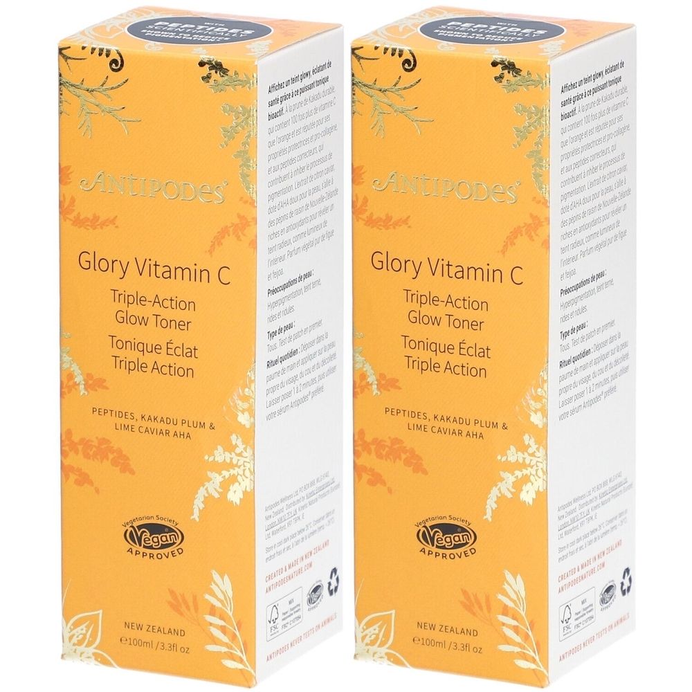 Twee dozen ANTIPODES GLORY Vitamin C Toner. Gele verpakking met productnaam en ingrediënten. Vegan-keurmerk.