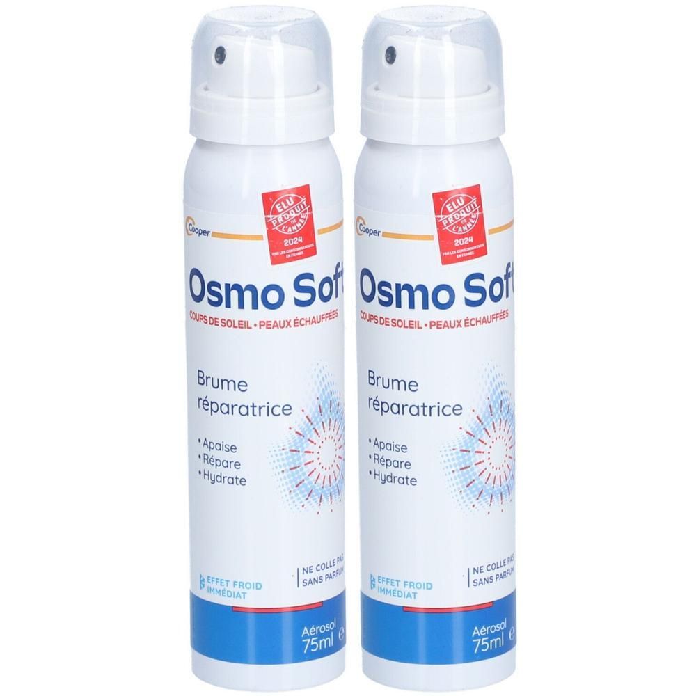 Twee witte OSMO SOFT sprays. Tekst: Brume réparatrice, Coups de soleil, Peaux échauffées. 75ml aerosol.