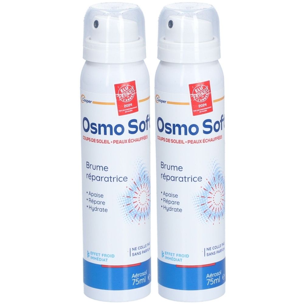 Deux aérosols blancs OSMO SOFT. Texte: Brume réparatrice, Coups de soleil, Peaux échauffées. Flacon de 75ml.