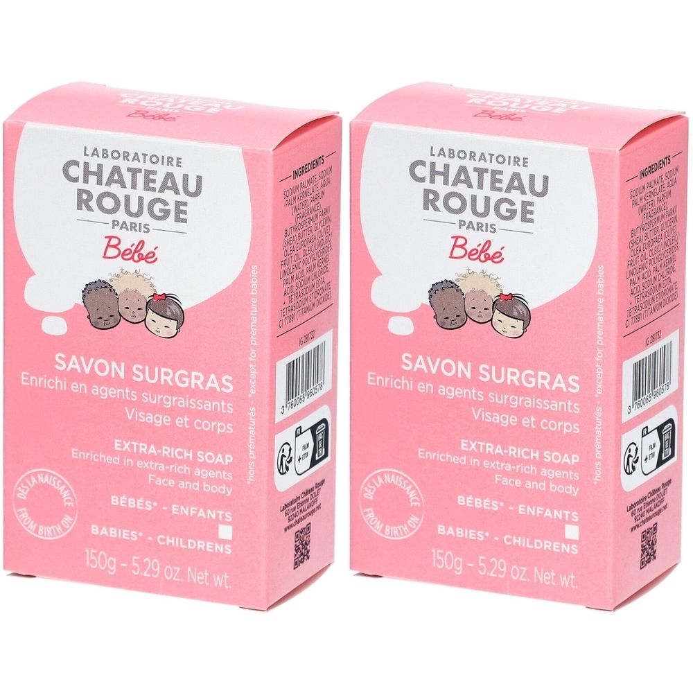 Twee roze dozen met "Laboratoire Château Rouge Bébé"-logo. Opschrift: Savon Surgras, voor gezicht en lichaam, baby's en kinderen.