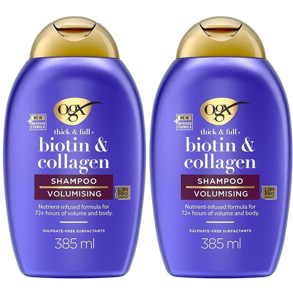 Twee paarse shampoo flessen met gouden doppen. Opschrift: OGX Biotine & Collageen Shampoo, Volume. 385 ml.