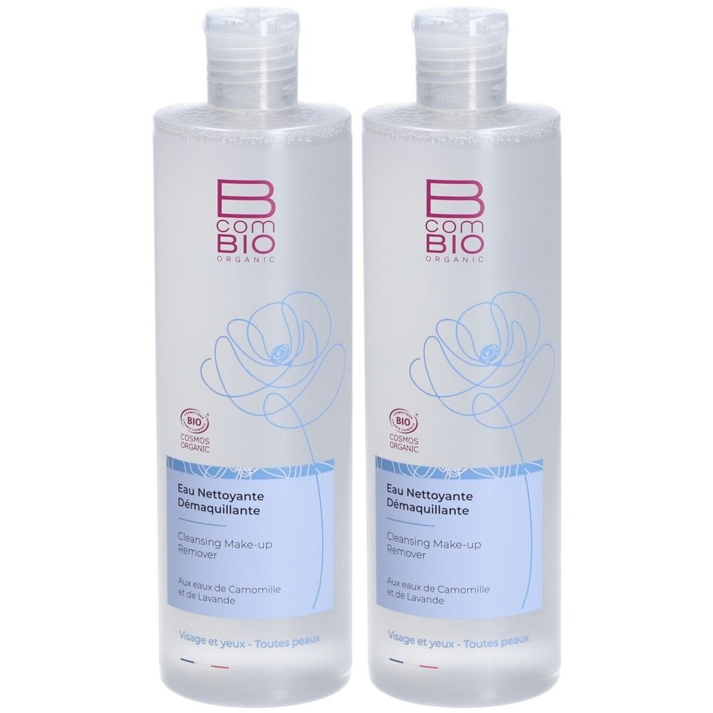Deux flacons transparents avec étiquette blanche. Inscription : B COM BIO ORGANIC, Eau nettoyante démaquillante. Avec label cosmétique.
