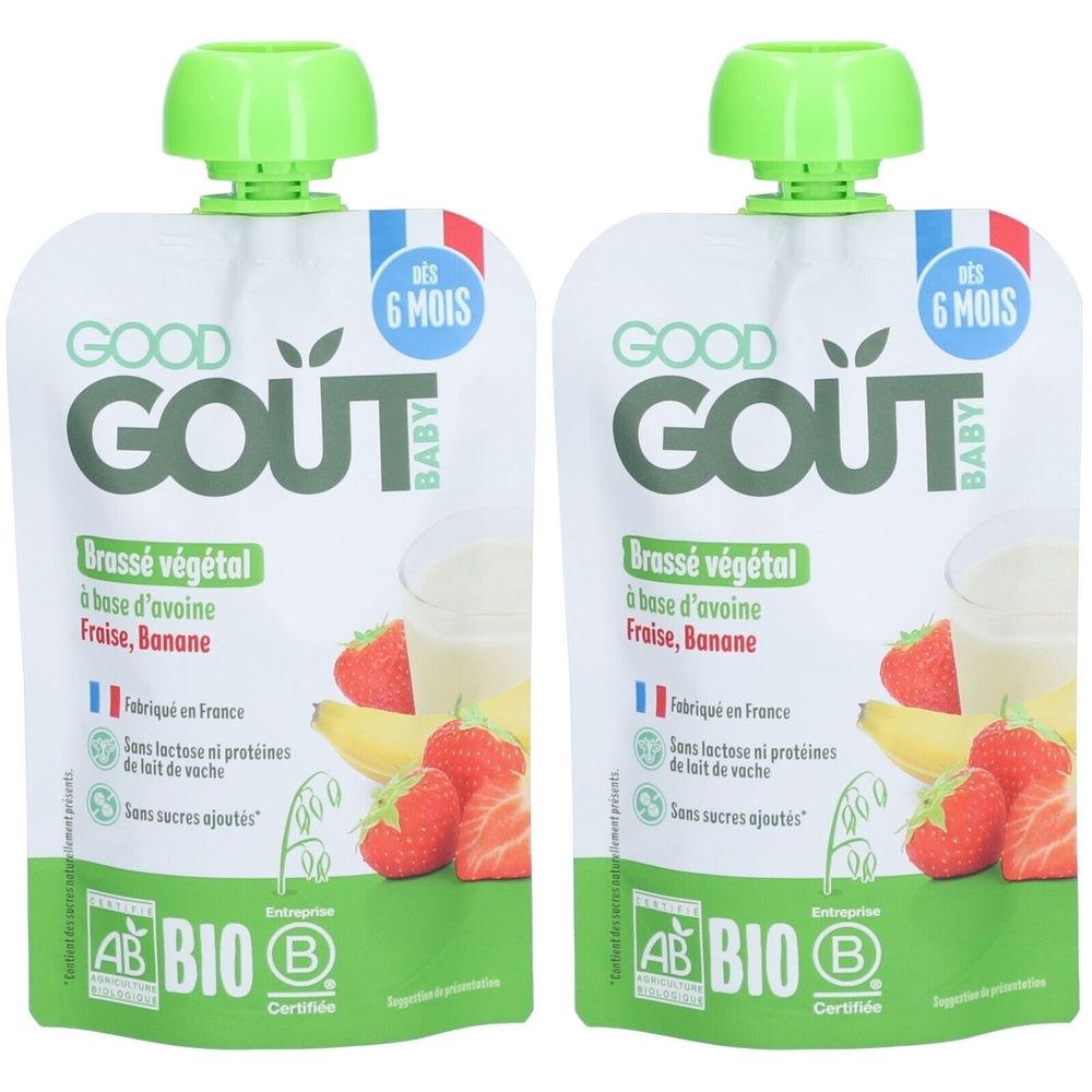 Deux gourdes Good Gout Baby, Brassé végétal, Avoine Fraise Banane. Bouchon vert. Label AB BIO. Pour bébés dès 6 mois.
