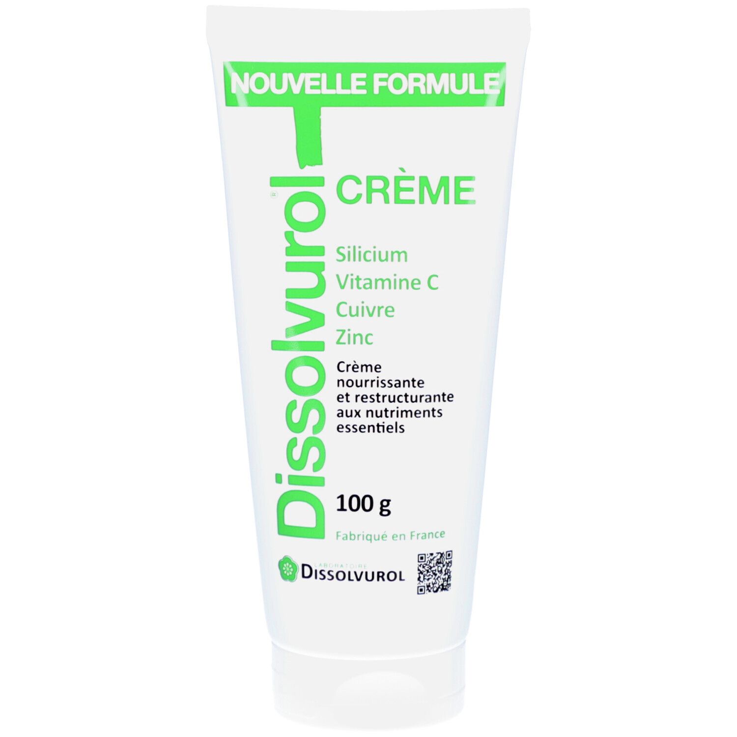 Tube blanc avec texte vert. Inscriptions : "Nouvelle Formule", "Crème", "Silicium", "Vitamine C", "Cuivre", "Zinc". Contenance 100 g.