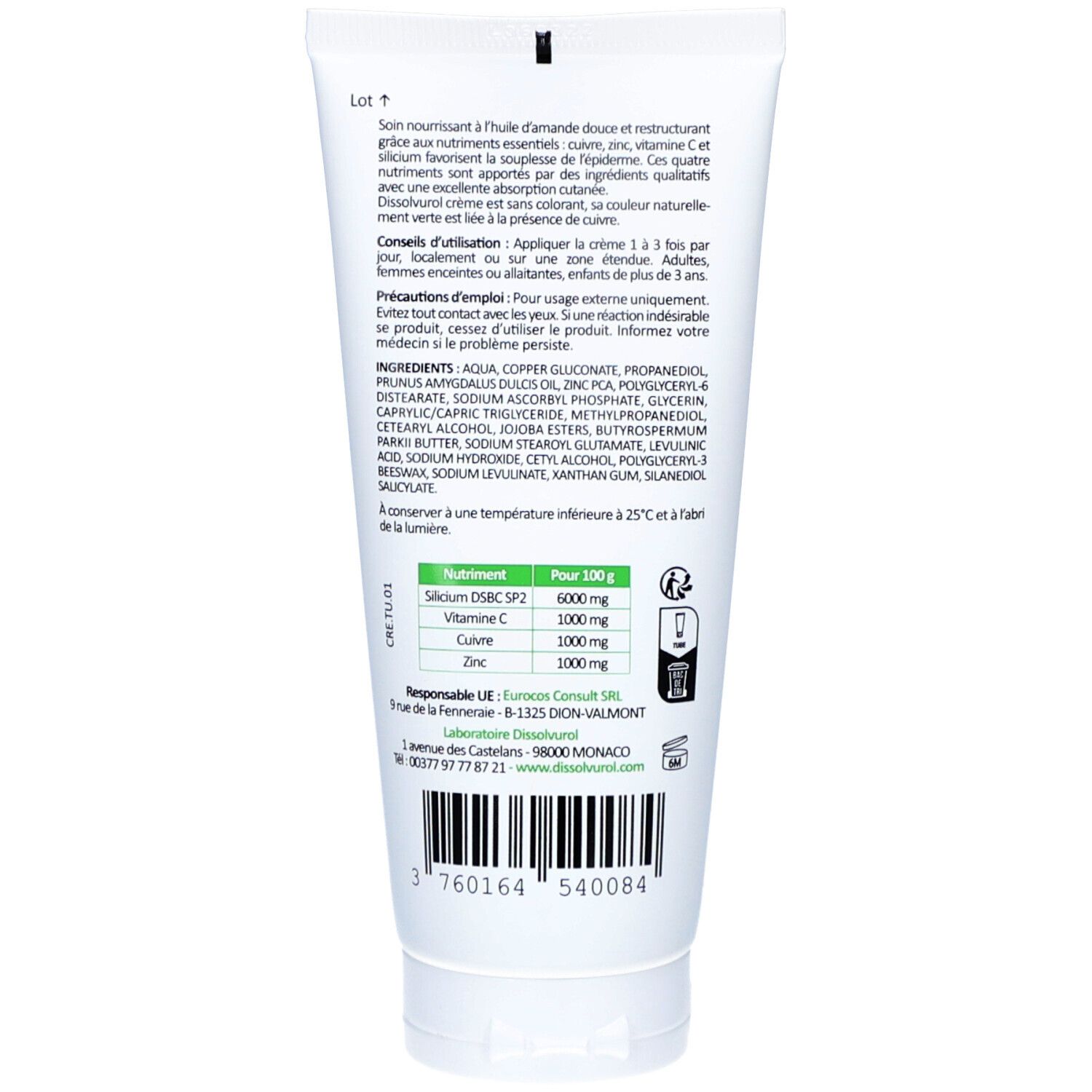 Dos du tube. Ingrédients et instructions d'utilisation. Contient : "Silicium", "Vitamine C", "Cuivre", "Zinc".