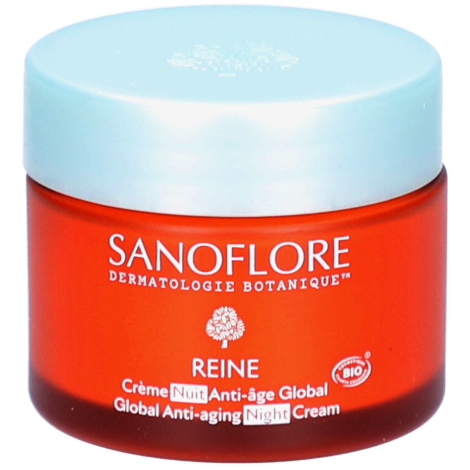 Rode pot met lichtblauw deksel. Opschrift: SANOFLORE, REINE Crème Nuit Anti-âge Global. Bio-certificering.