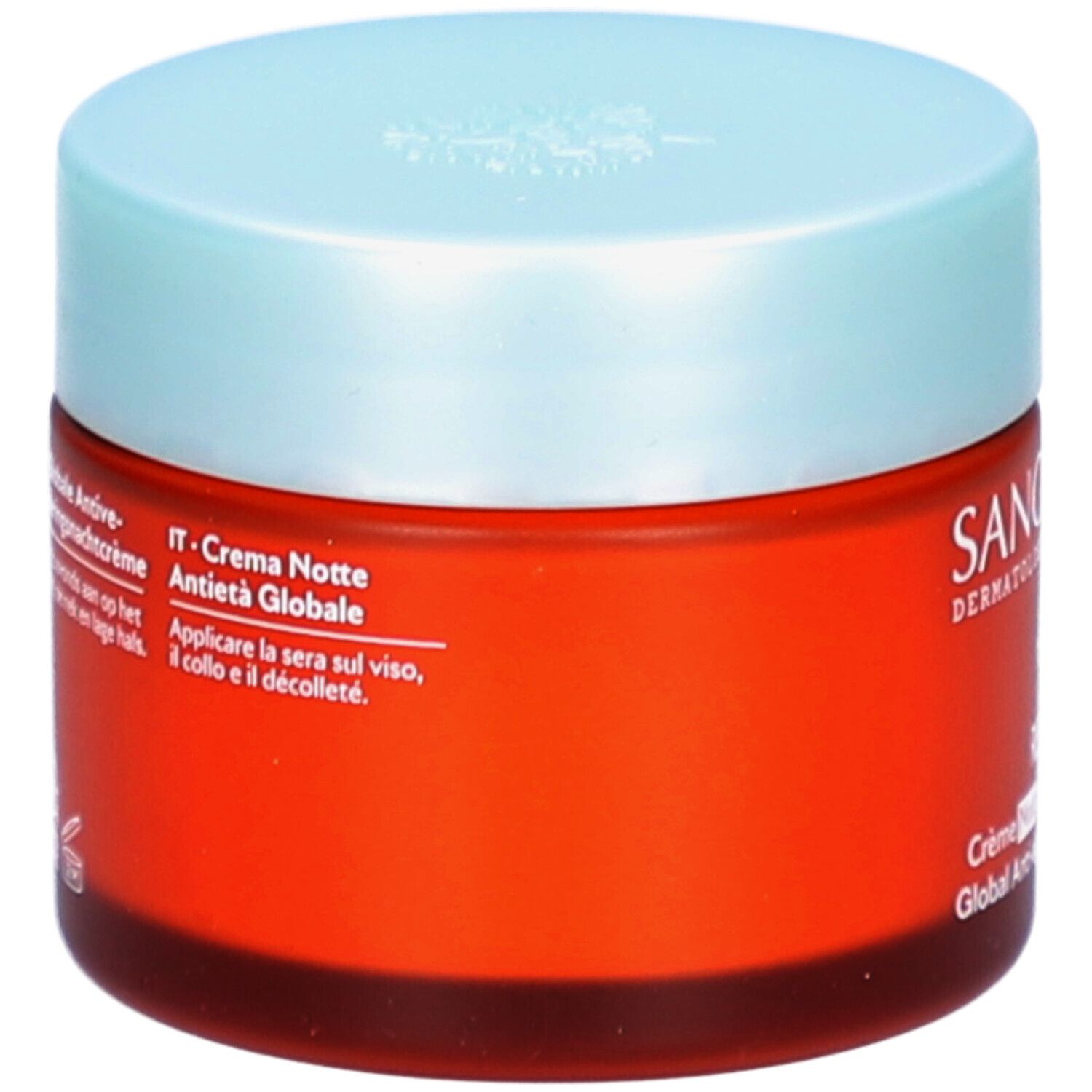 Rode pot met lichtblauw deksel. Tekst in het Italiaans en Engels. Opschrift: Crème Nuit Anti-âge Global. Gebruiksaanwijzing.