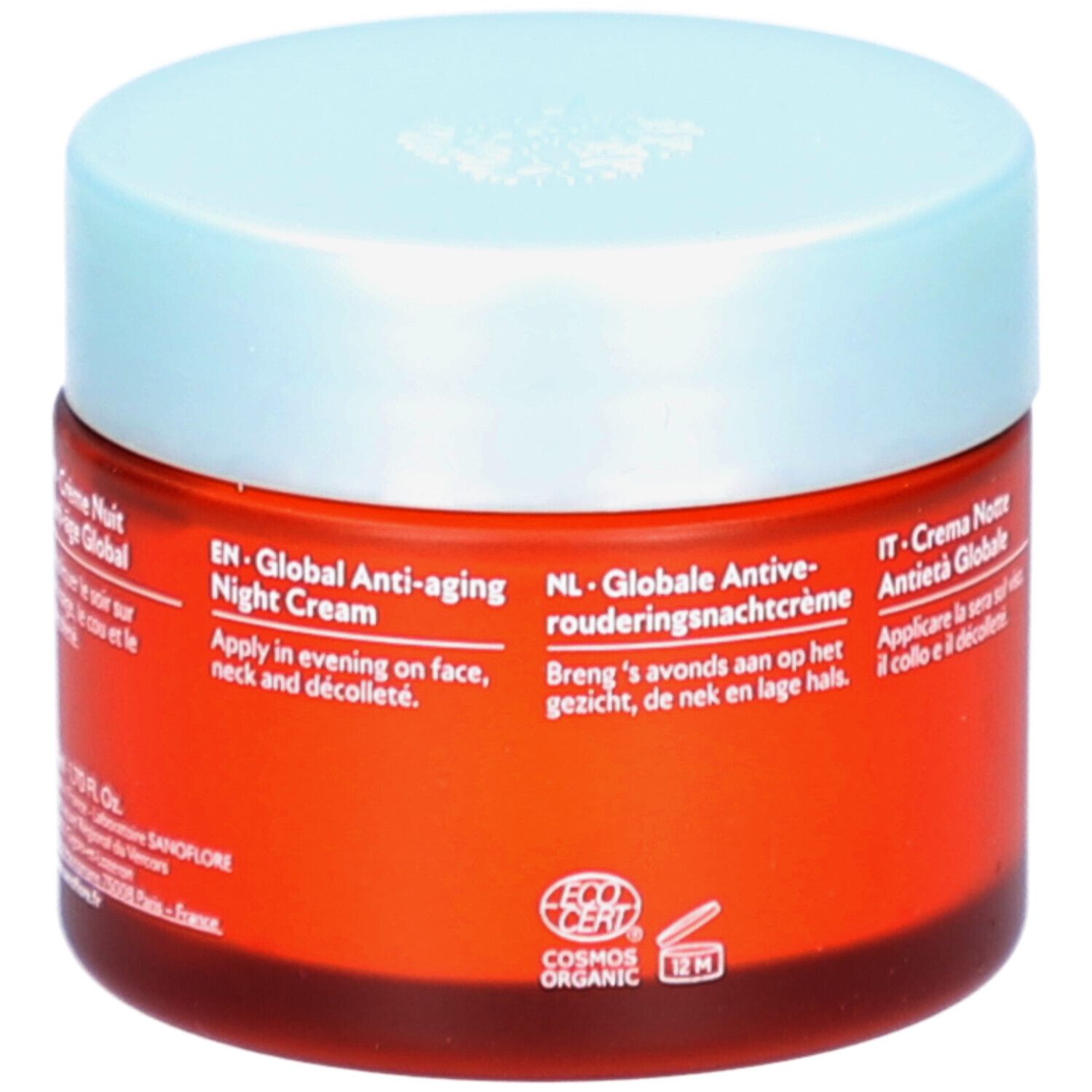 Rode pot met lichtblauw deksel. Tekst in het Engels, Nederlands en Italiaans. Opschrift: Global Anti-aging Night Cream. Bio-certificering.