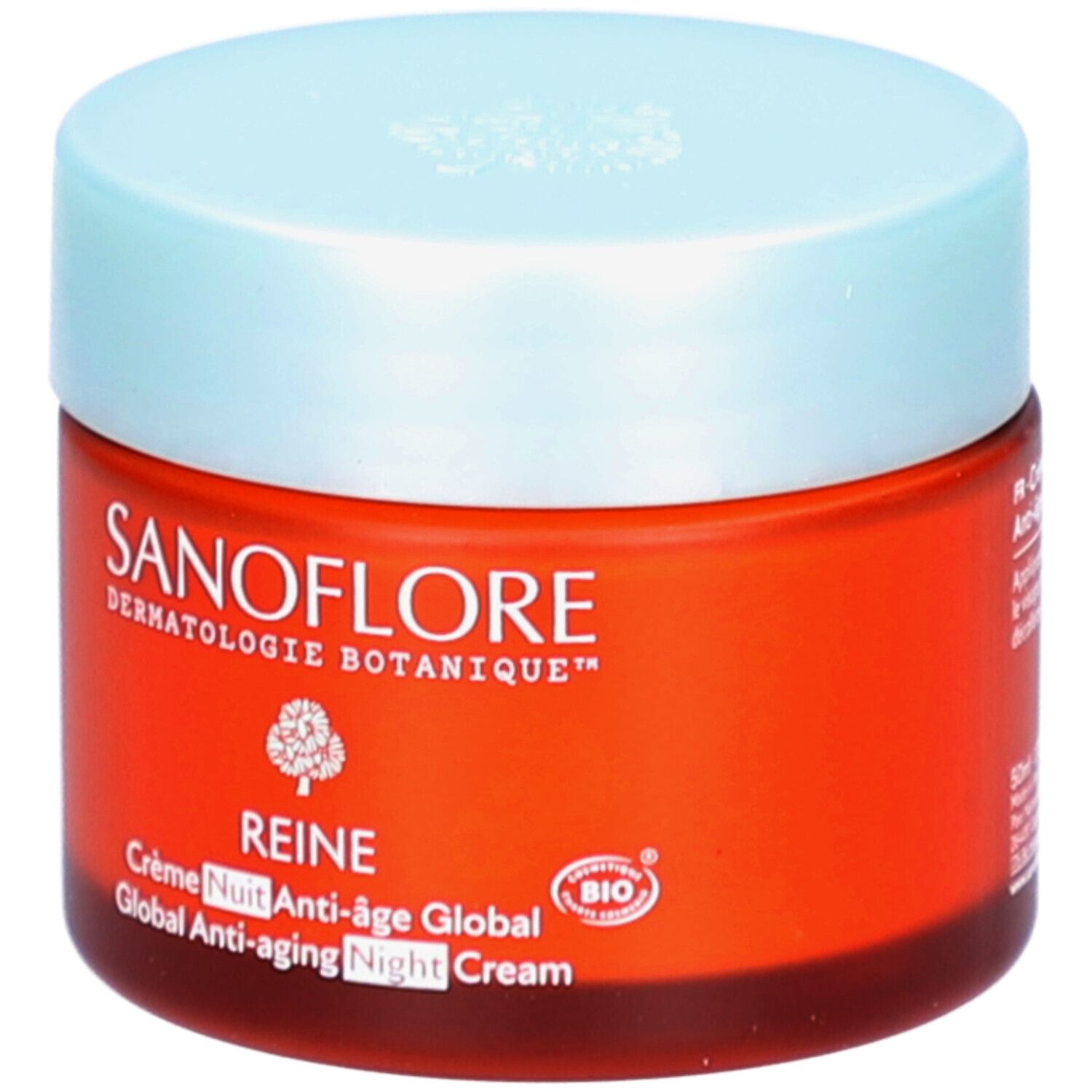 Rode pot met lichtblauw deksel. Opschrift: SANOFLORE, REINE Crème Nuit Anti-âge Global. Bio-certificering.