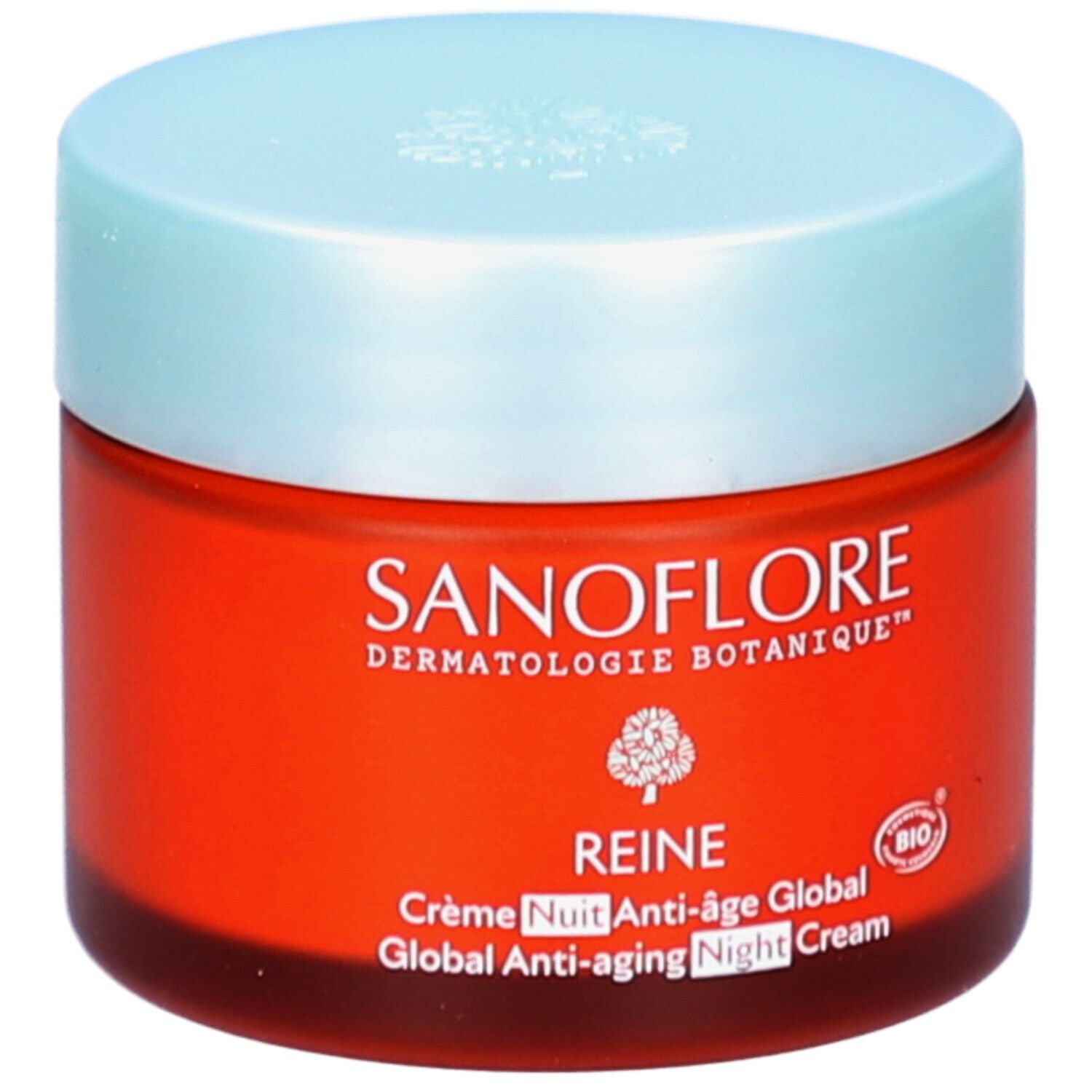 Rode pot met lichtblauw deksel. Opschrift: SANOFLORE, REINE Crème Nuit Anti-âge Global. Bio-certificering.
