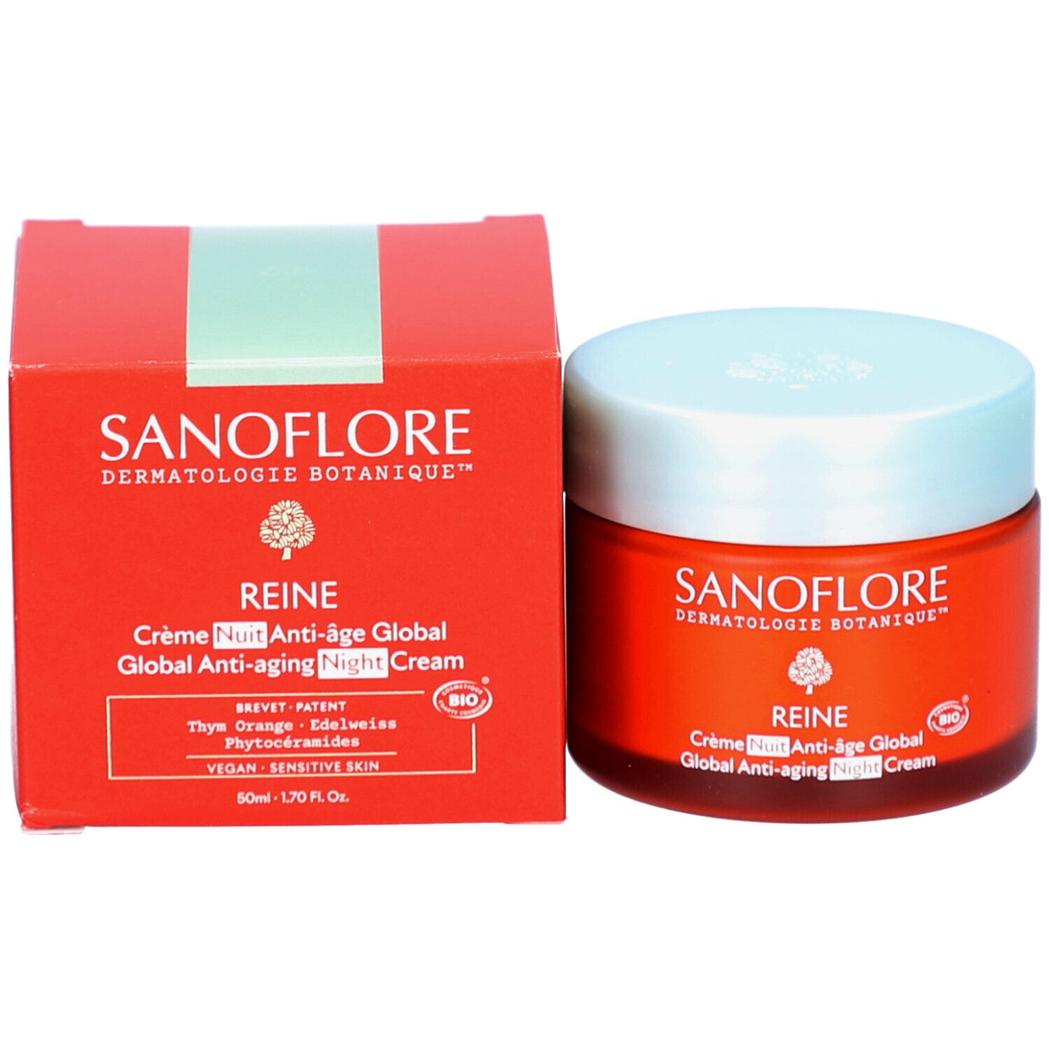 Rode doos en pot. Opschrift: SANOFLORE, REINE Crème Nuit Anti-âge Global. 50ml. Vegan, gevoelige huid.