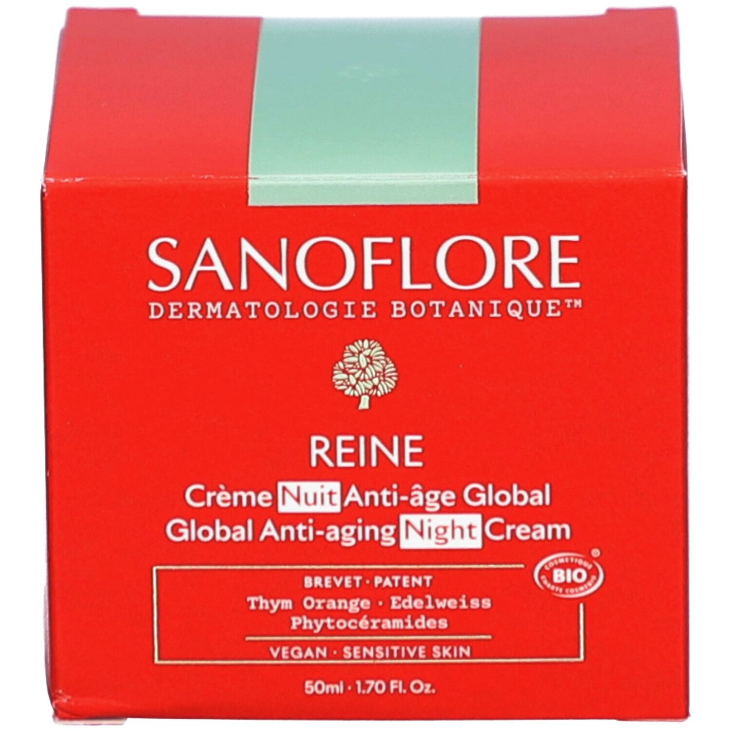 Rode doos. Opschrift: SANOFLORE, REINE Crème Nuit Anti-âge Global. 50ml. Vegan, gevoelige huid. Bio-certificering.