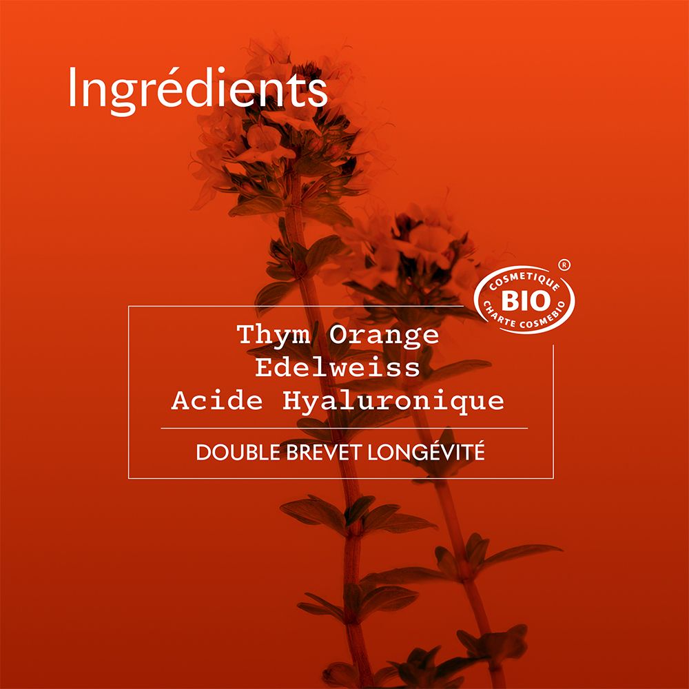 Ingrédients: Thym, Orange, Edelweiss, Acide Hyaluronique. Texte sur fond rouge. Certification Bio.