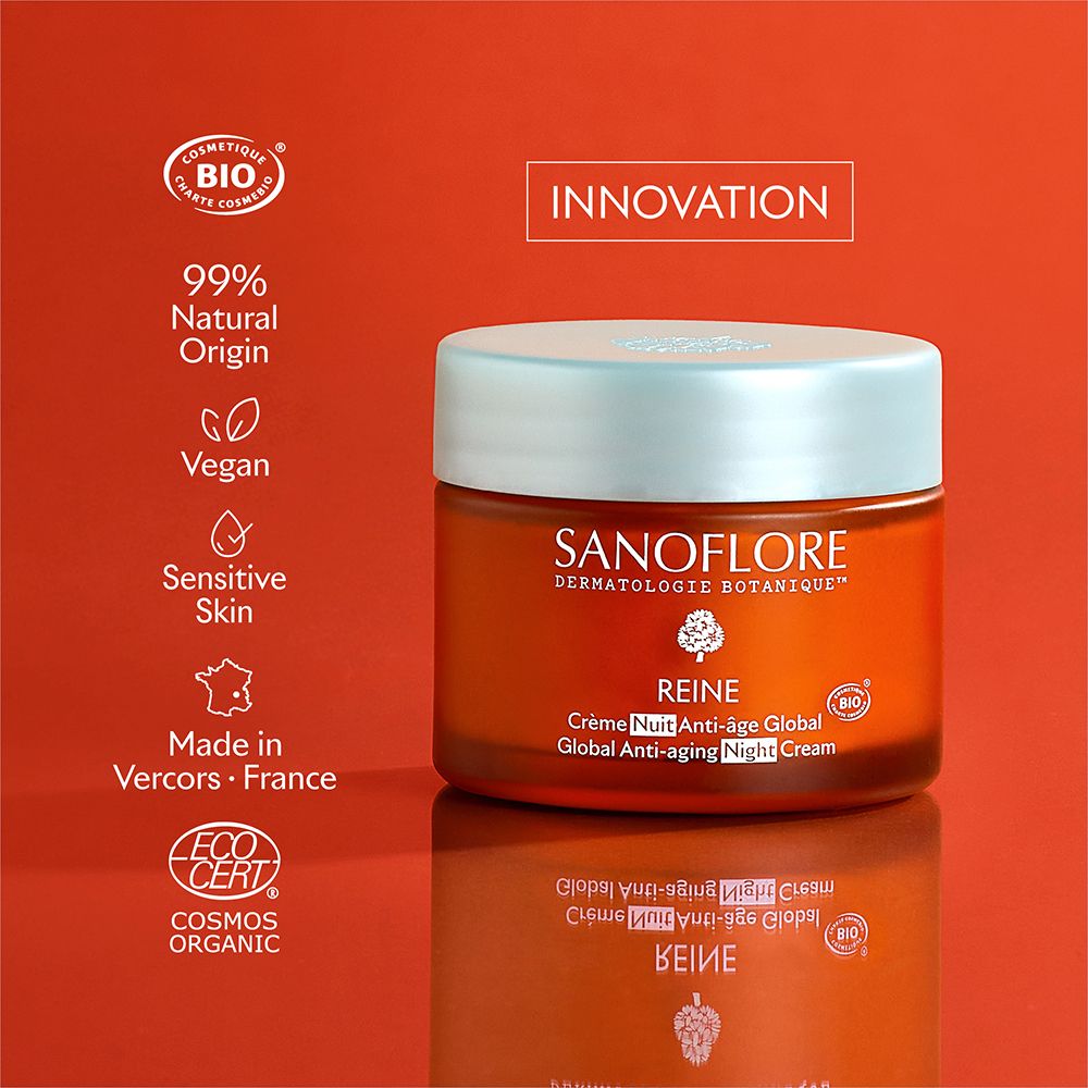 Pot de crème rouge. Inscriptions: SANOFLORE, REINE, Crème Nuit Anti-âge Global. Certification Bio. 99% d'origine naturelle.