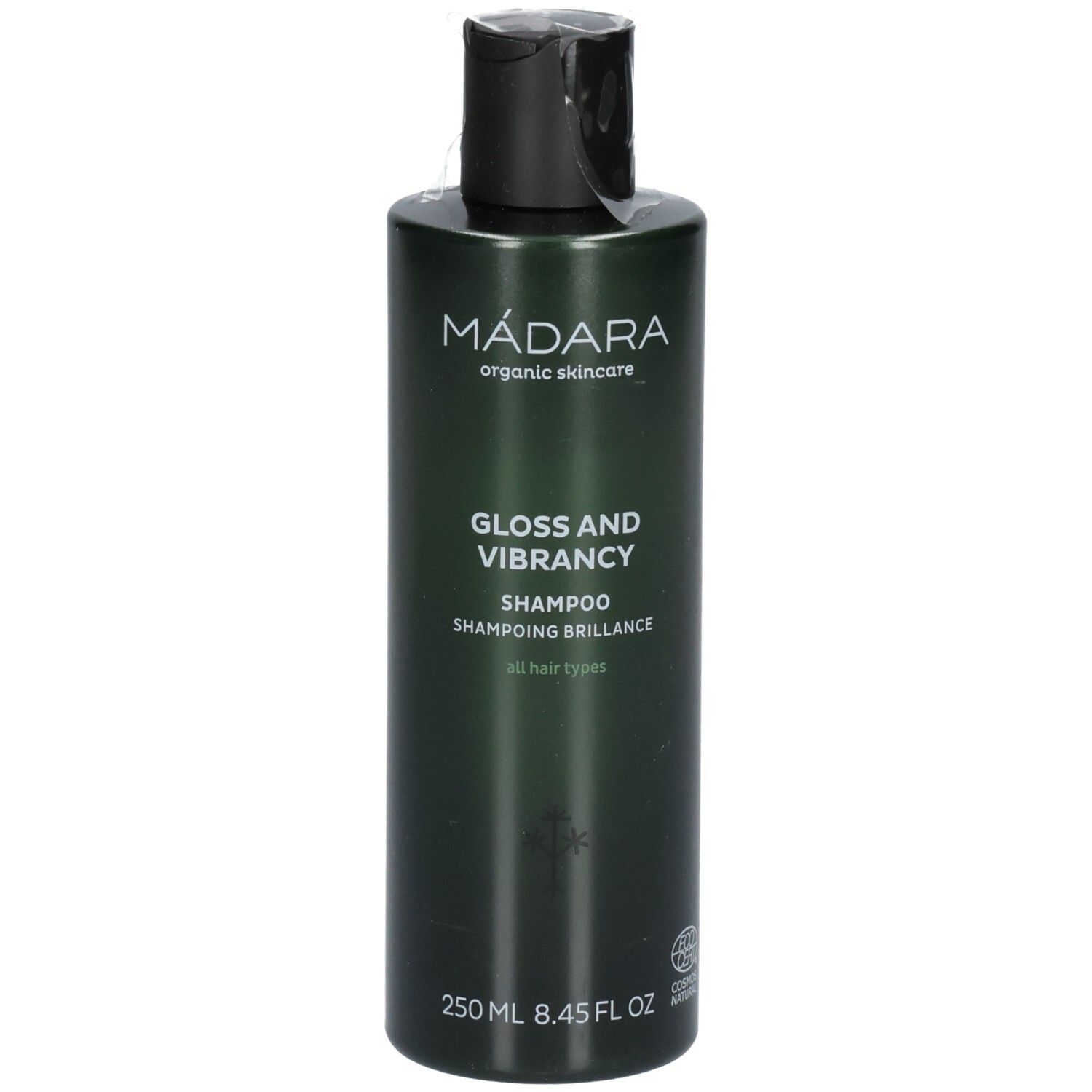 Groene shampoofles met zwarte dop. Etiket: MÁDARA, Gloss and Vibrancy Shampoo, 250 ml.