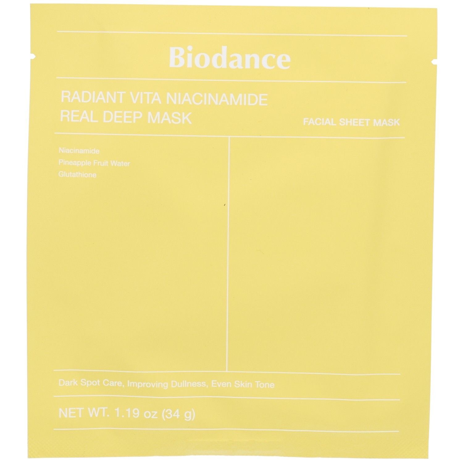 Gele verpakking met productnaam en informatie. Tekst: Radiant Vita Niacinamide Real Deep Mask. Netto gewicht: 1.16 oz (34 g).