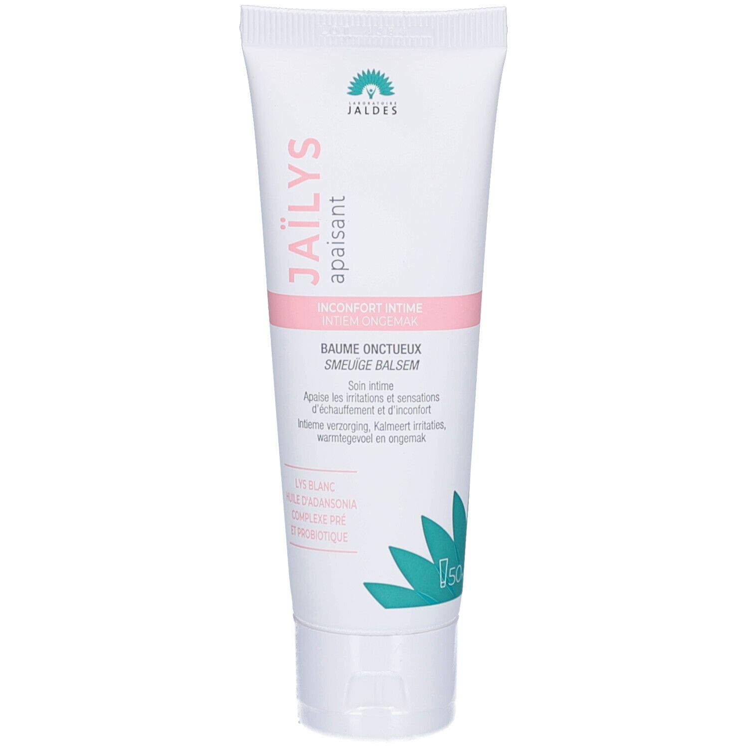 Witte en roze tube met logo en productnaam. Tekst: BAUME ONCTUEUX, SMEUIGE BALSEM. Groene bloemen decoratie.
