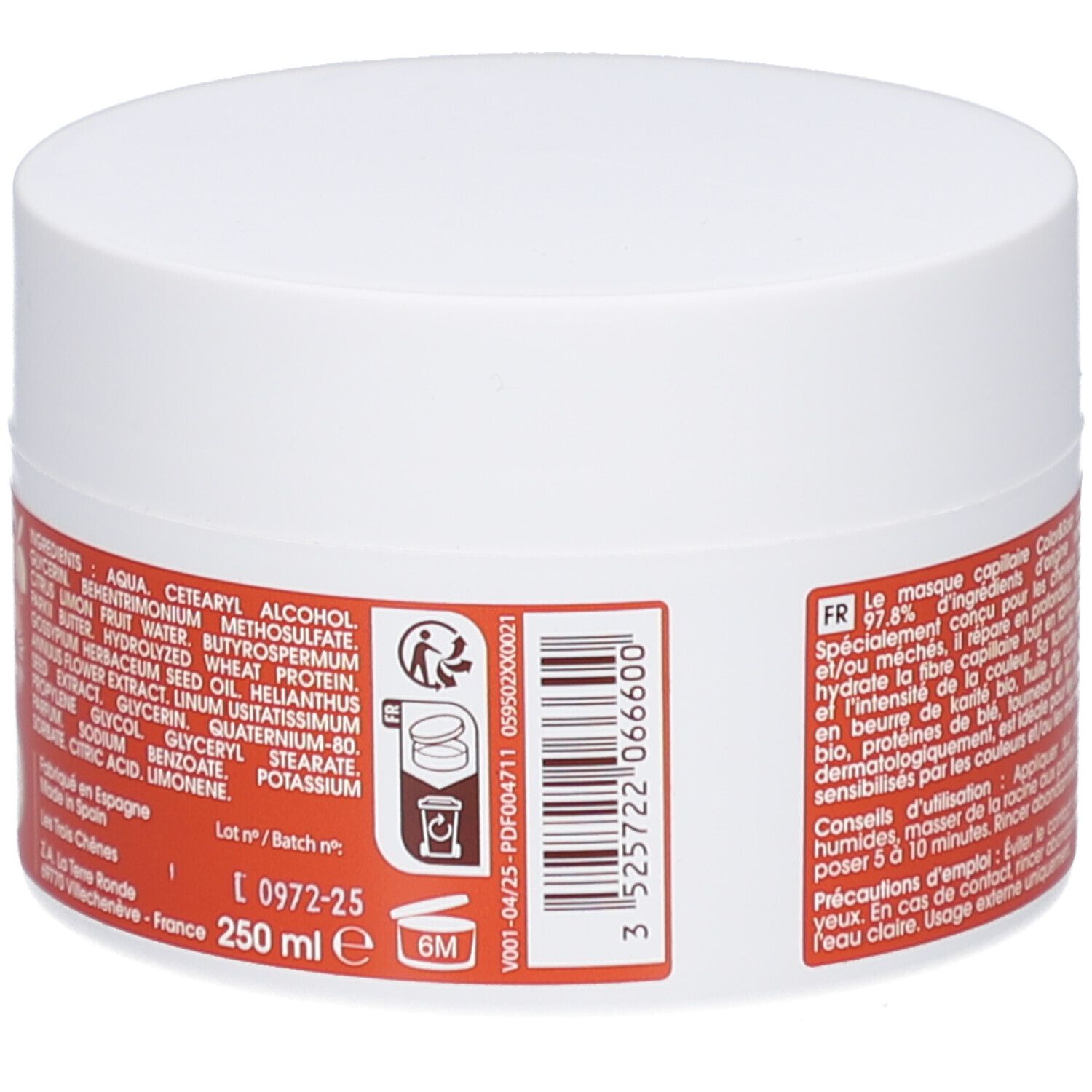 Pot rond blanc. Dos avec ingrédients et informations fabricant. Fond orange.