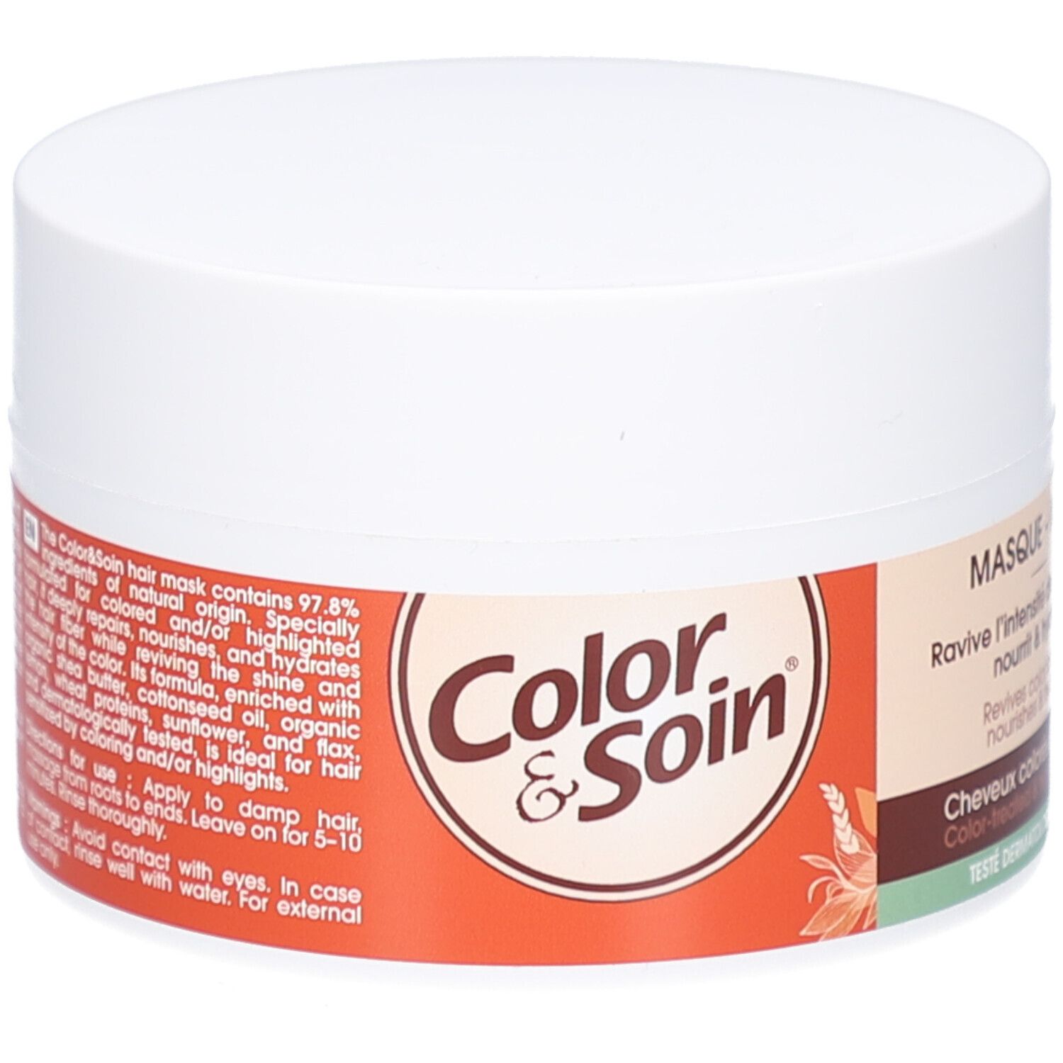 Pot rond blanc. Étiquette avec logo "Color & Soin" et informations produit. Fond orange.