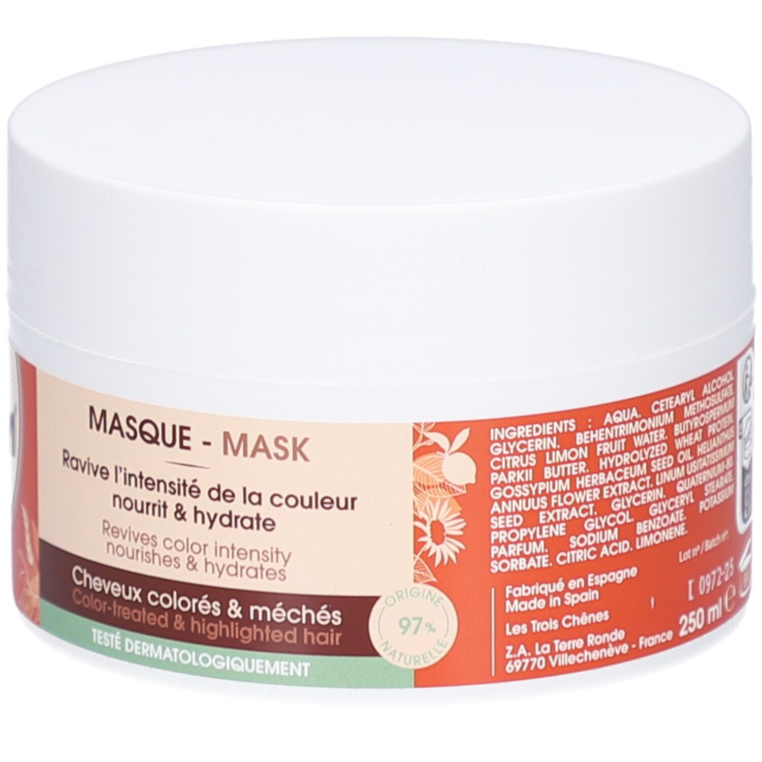 Pot rond blanc. Étiquette avec logo "Color & Soin", ingrédients et informations produit. Fond orange.