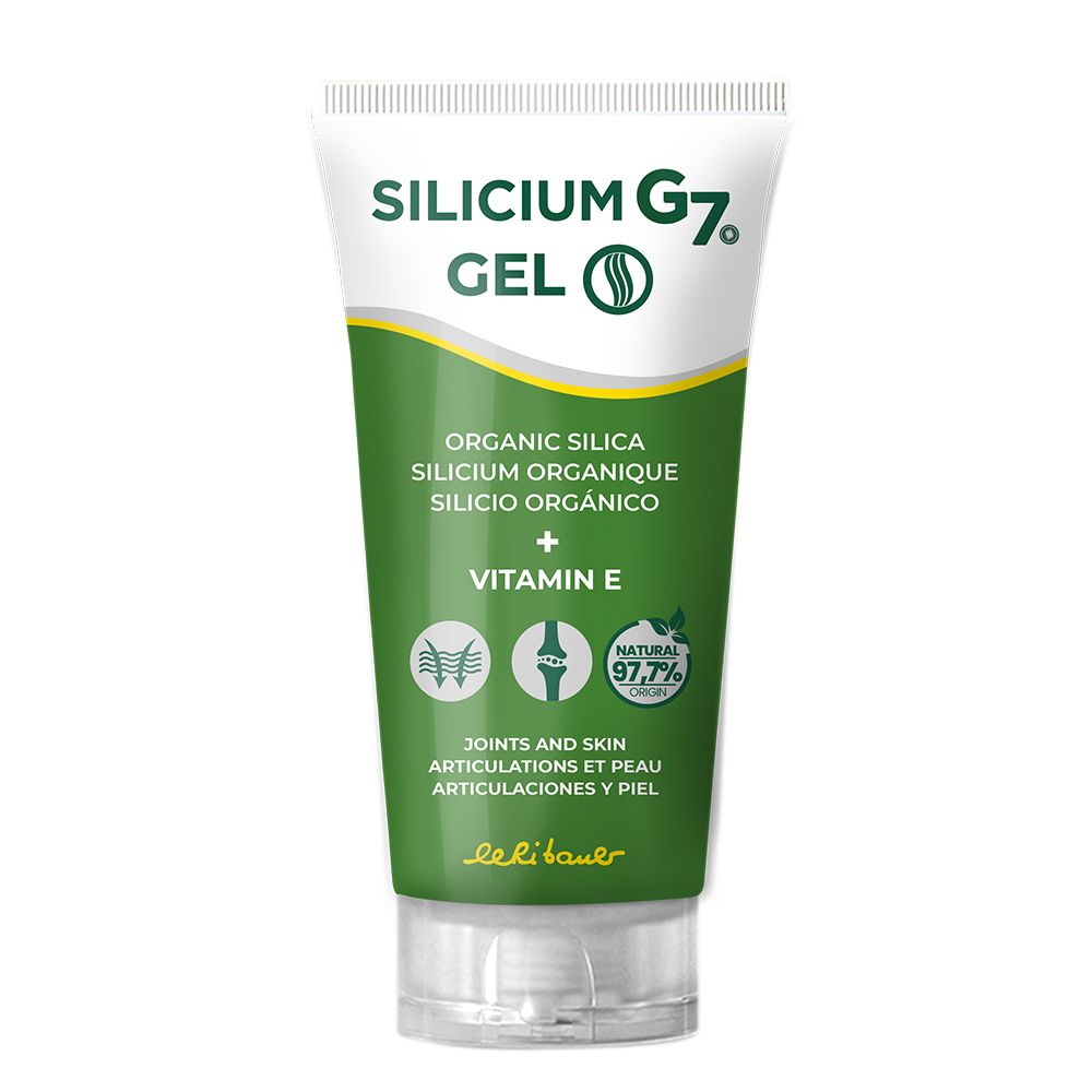 Tube de gel vert. Inscriptions: Silicium G7 Gel, Silica Organique, Vitamine E. Pour articulations et peau. Le laboratoire Le lili baeuer.