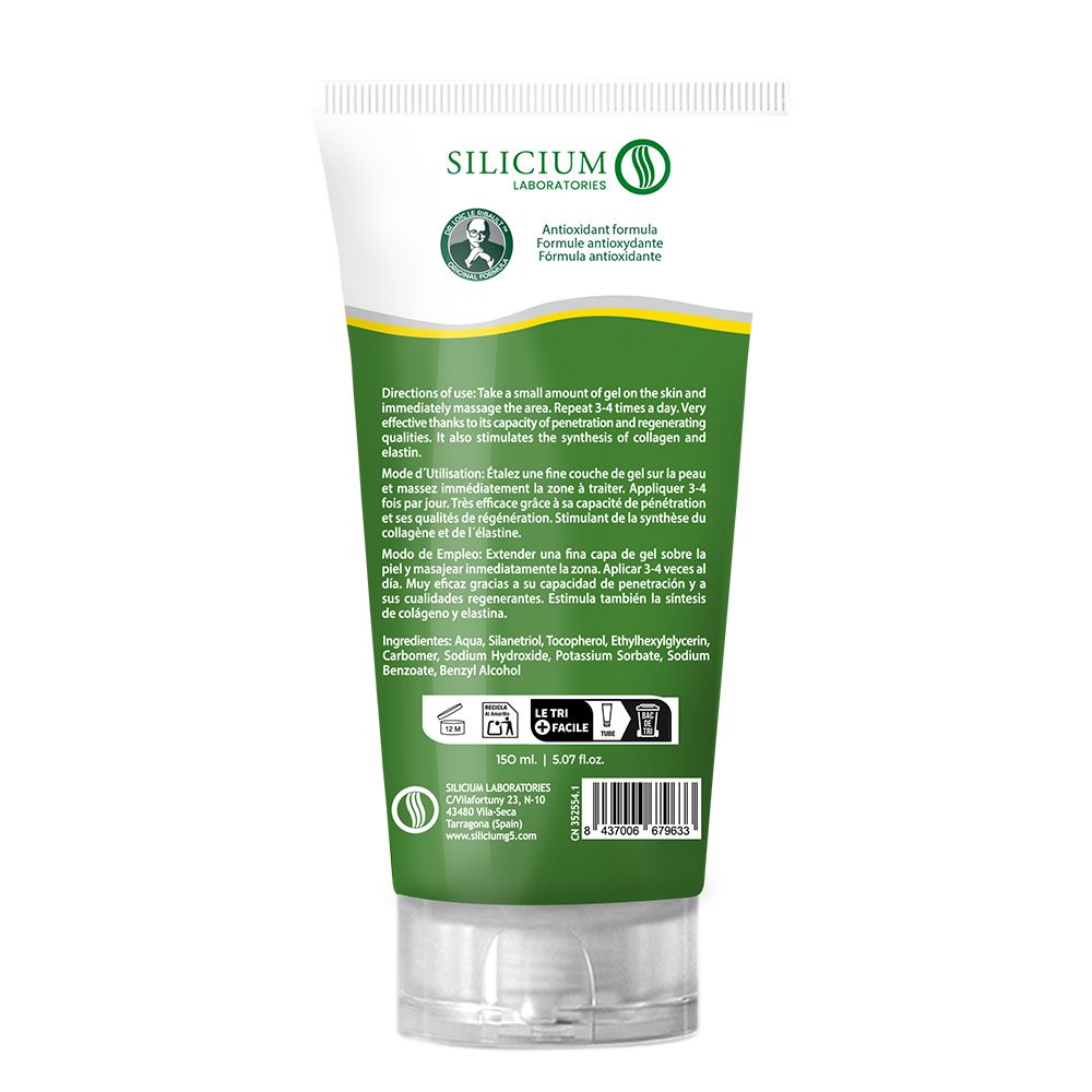 Dos du tube de gel vert. Inscriptions: Silicium G7, Formule antioxydante. Ingrédients et mode d'emploi. Le laboratoire.