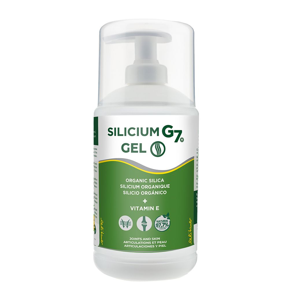 Flacon blanc avec pompe doseuse. Inscription: Silicium G7 Gel, Vitamine E. Étiquettes vertes et blanches avec informations.